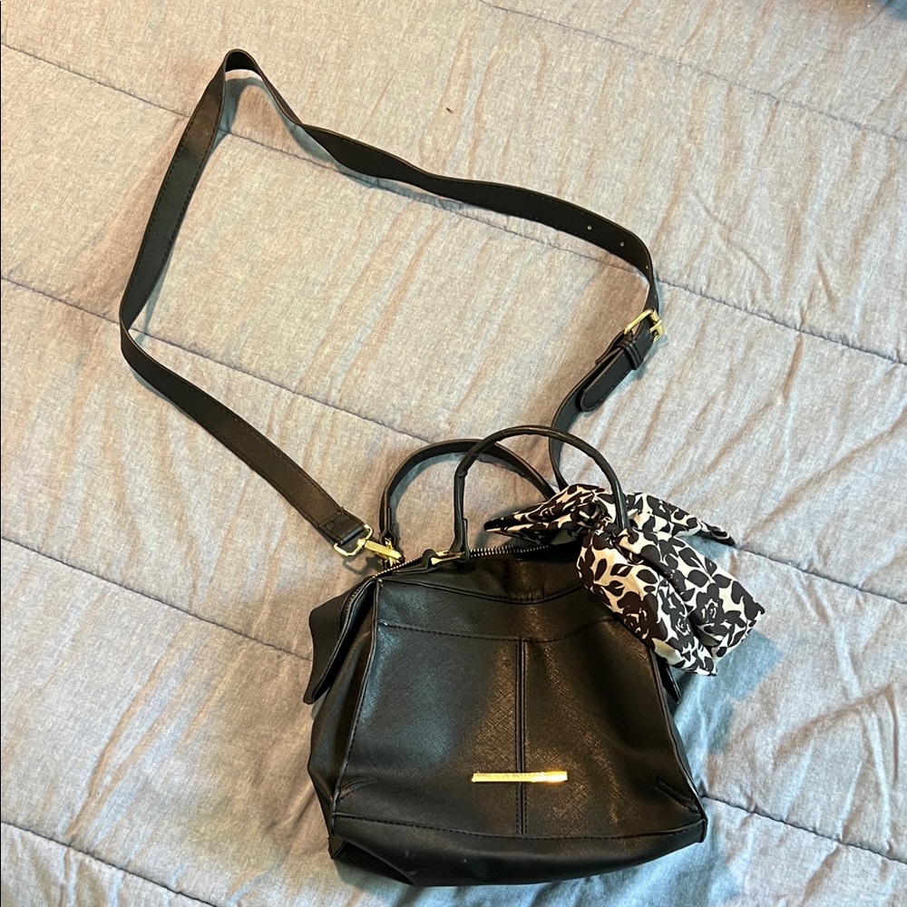 Steve Madden Black Crossbody Satchel with Black & White Scarf Accent